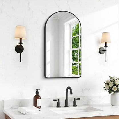 BONEWEI Arched Wall Mirror,18x30 inch Black Arched Mirror Bathroom,Vanity Mirror for Over Sink Metal Frame,Tempered Glass Arch Mirrors for Bedroom,Entryway,Living Room,Home Decor Shatter-Proof