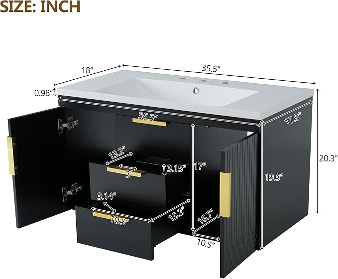 36 Inch Bathroom Vanity with Sink, Wall Mounted Bathroom Storage Cabinet with 2 Doors and 2 Drawers, Floating Bathroom Vanities with Decor Line