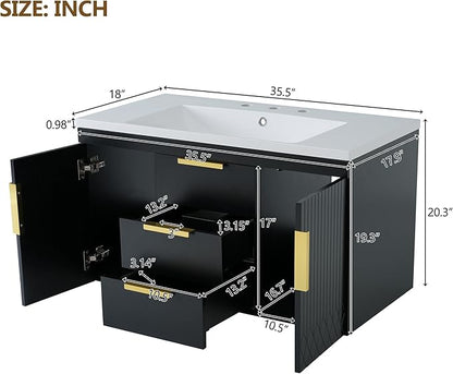 36 Inch Bathroom Vanity with Sink, Wall Mounted Bathroom Storage Cabinet with 2 Doors and 2 Drawers, Floating Bathroom Vanities with Decor Line