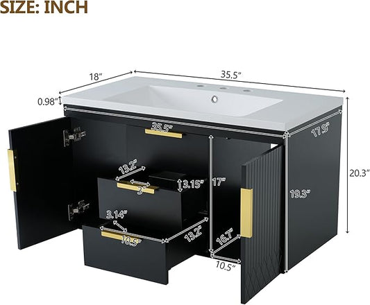 36 Inch Bathroom Vanity with Sink, Wall Mounted Bathroom Storage Cabinet with 2 Doors and 2 Drawers, Floating Bathroom Vanities with Decor Line