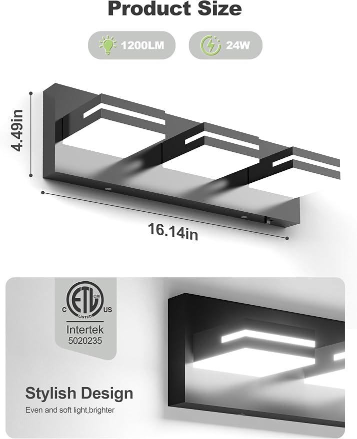 VOLISUN 16.15in Bathroom Vanity Light Fixtures 3-Light, Dimmable 6000K, Matte Black LED Bathroom Lighting Fixtures Over Mirror, 360°Rotatable Head, LED Vanity Lights for Bathroom
