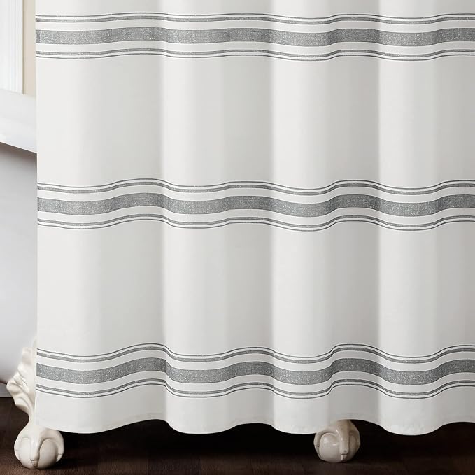 Lush Decor Farmhouse Stripe Cotton Shower Curtain, 72" W x 72" L, Dark Gray - Striped Bathroom Curtain - Fabric Shower Curtains - Farmhouse Bathroom Decor