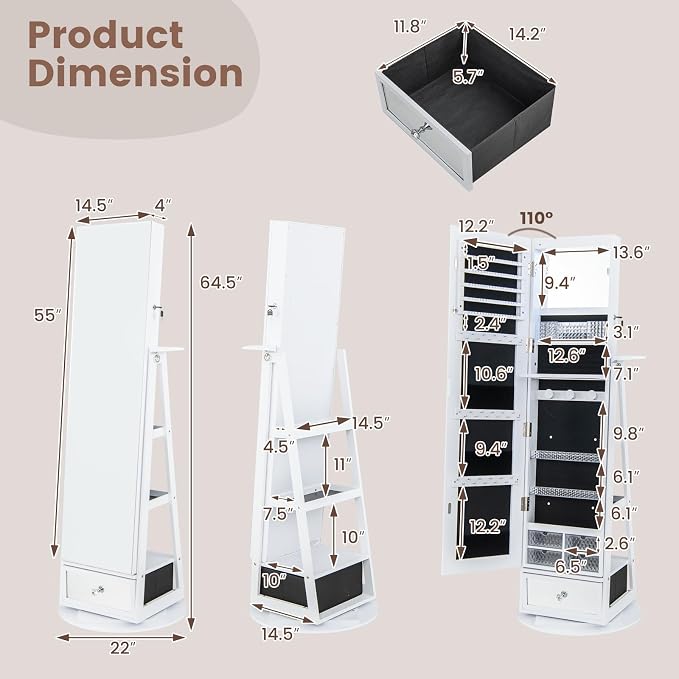 GOFLAME 360° Rotating Jewelry Cabinet with Full Length Mirror, Standing LED Mirror Jewelry Armoire, Lockable Jewelry Organizer with Hair Dryer Rack, Back Storage Shelves, Inner Makeup Mirror, White