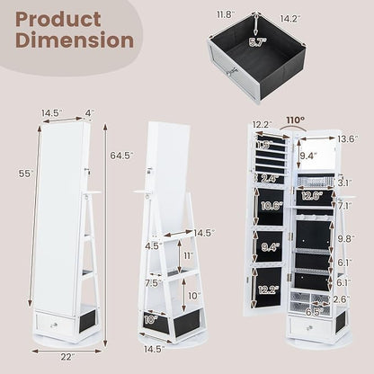 GOFLAME 360° Rotating Jewelry Cabinet with Full Length Mirror, Standing LED Mirror Jewelry Armoire, Lockable Jewelry Organizer with Hair Dryer Rack, Back Storage Shelves, Inner Makeup Mirror, White