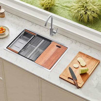 VEVOR 33 inch Kitchen Double Sink, 304 Stainless Steel Undermount Sink Drop-In Single Bowl Farmhouse Basin with Ledge & Multiple Accessories, Household Dishwasher Sinks for Prep Kitchen, Bar 33"*19"