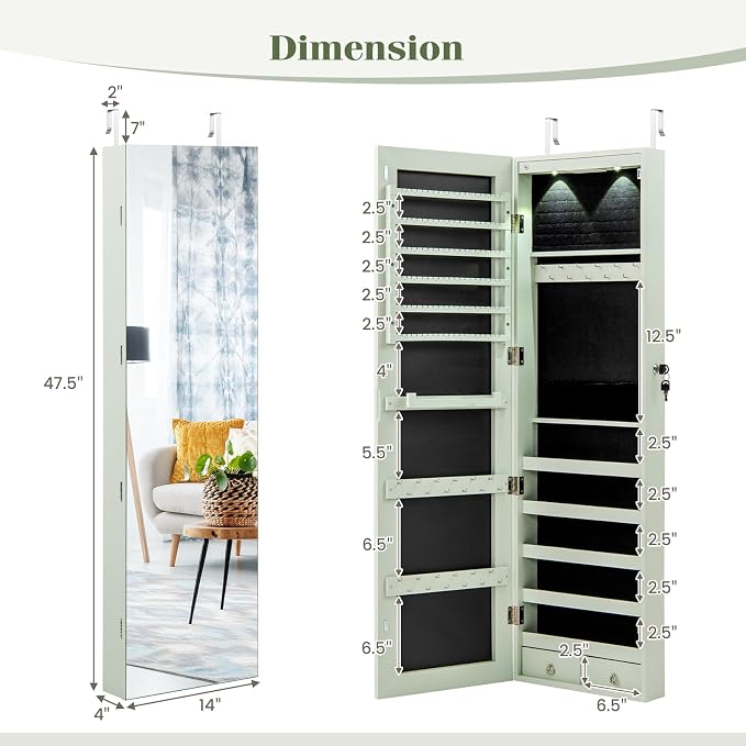 LDAILY Jewelry Armoire Wall or Door Mounted, Full-Length Mirror with Storage, Lockable Mirror Jewelry Cabinet w/ 2 Drawers, LED Lights, Over the Door Jewelry Organizer Box for Women Girls