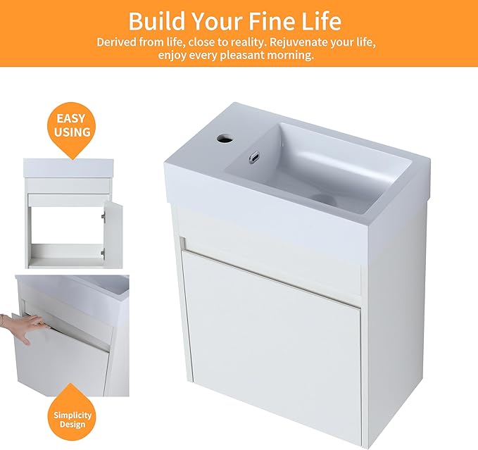 18 Inch Bathroom Vanity with Sink,Wall Mounted Bathroom Vanity Sink Combo with Soft Close Door for Small Space,Modern Floating Bathroom Vanity with Top Basin & Storage Cabinet,White