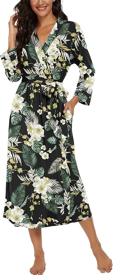 VINTATRE Women Kimono Robes Long Knit Bathrobe Lightweight Soft Knit Sleepwear V-neck Casual Ladies Loungewear