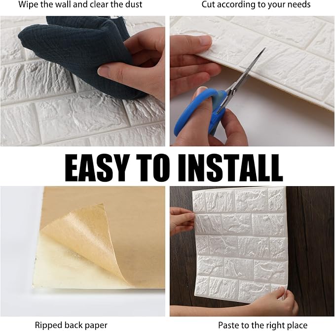 30 Pcs 3D Wall Panels Peel and Stick Wallpaper Foam, White | Faux Brick Stone Tiles, Covering 28.8-48.4 Sq ft, Self Adhesive Waterproof Panels for Bedroom Living Room Kitchen Walls