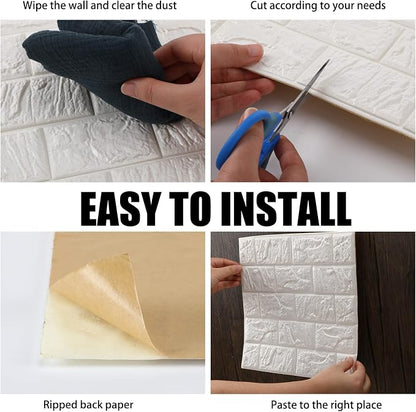 30 Pcs 3D Wall Panels Peel and Stick Wallpaper Foam, White | Faux Brick Stone Tiles, Covering 28.8-48.4 Sq ft, Self Adhesive Waterproof Panels for Bedroom Living Room Kitchen Walls