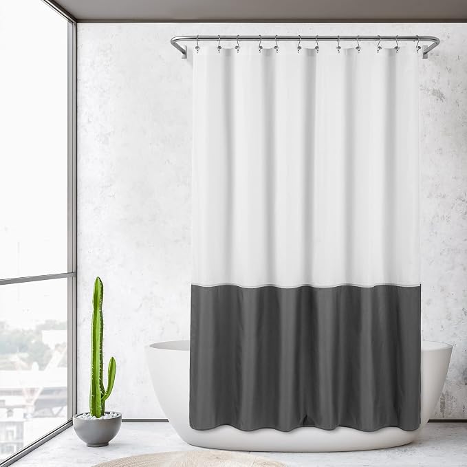 ALYVIA SPRING Waterproof Fabric Shower Curtain Liner White/Dark Gray, 72x72 | 3 Magnets, Soft Cloth & Hotel Quality, Machine Washable, Light-Weight, Standard Size