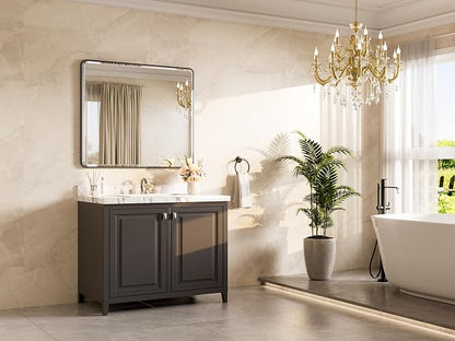 Black Mirrors for Over Sink 42 x 36 Beveled Edge Tempered Glass, Rounded Corner Rectangle Framed Mirror for Modern Bathroom, Living Room, Bedroom, Entryway