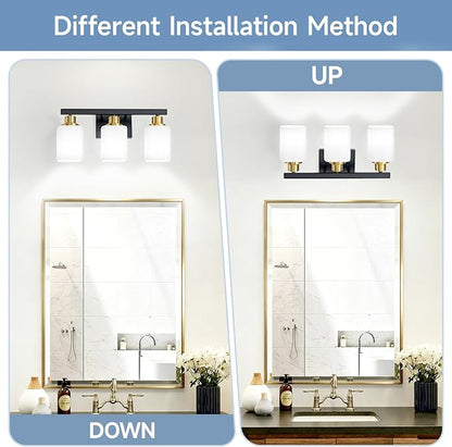 Black and Gold Vanity Light,3-Light Bathroom Light Fixtures,17" | Modern Bathroom Light Fixtures with Square Frosted Glass,Wall Sconces Lighting fixtures Over Mirror Restroom, Living Room