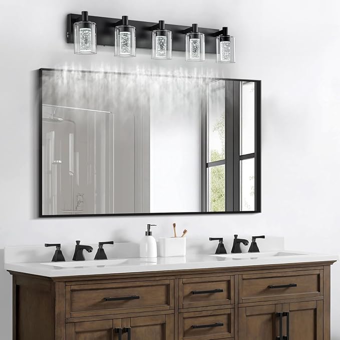 SineRise Vanity Light with 3 Color Modes (3000K/4000K/6000K), Eye Protection LED Bathroom Light Fixture, Dimmable Modern Wall Light Over Mirror with Clear Glass Shade (Black, 5-Light)