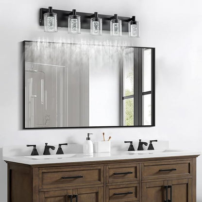 SineRise Vanity Light with 3 Color Modes (3000K/4000K/6000K), Eye Protection LED Bathroom Light Fixture, Dimmable Modern Wall Light Over Mirror with Clear Glass Shade (Black, 5-Light)