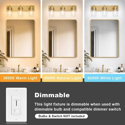 3-Light Bathroom Light Fixtures, Brushed Gold Vanity Lights | Modern Bathroom Lighting Fixtures Over Mirror, Vanity Lights for Bathroom, Mirror, Restroom, Bedroom, E26