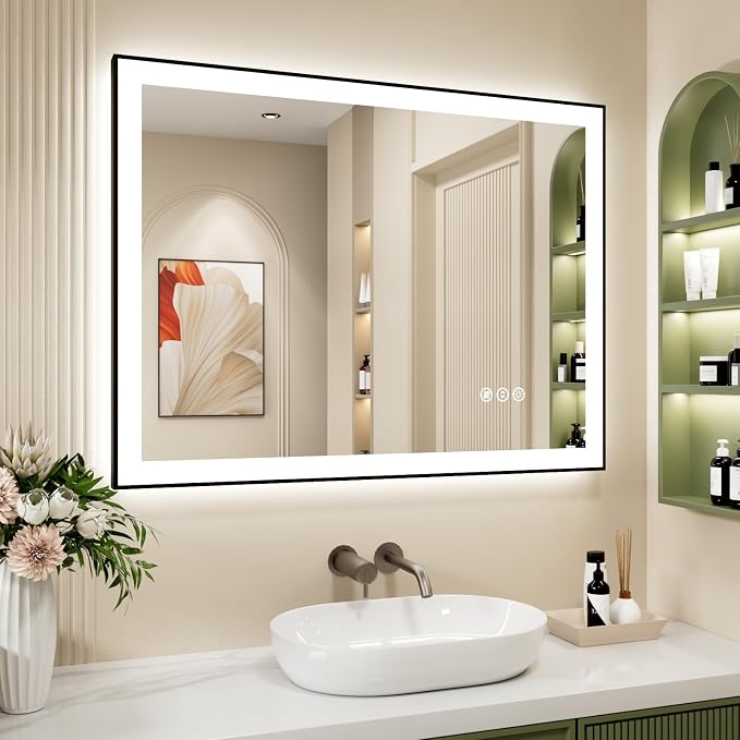 40x30 Inch LED Bathroom Mirror with Black Frame | Black Metal Frame, Front and Backlit, 3 Colors, Dimmable, Memory, Anti Fog, Tempered Glass, Lighted Mirror for Wall