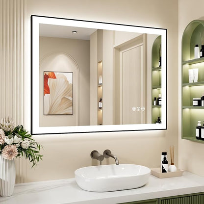 40x30 Inch LED Bathroom Mirror with Black Frame | Black Metal Frame, Front and Backlit, 3 Colors, Dimmable, Memory, Anti Fog, Tempered Glass, Lighted Mirror for Wall