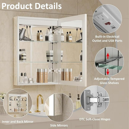24 x 30 Inch Medicine Cabinet with Mirror and LED Light for Bathroom | Recessed, Wall-Mounted, Dimmable, Anti-Fog, Memory Function, 3 Color Mode, Outlet&USB, Adjustable Shelf, ETL Listed, Aluminum