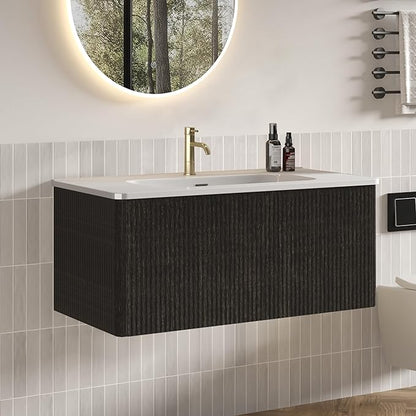 36" Floating Bathroom Vanity with Sink, Modern Wall Mounted Floating Vanity with Ceramic Sink, Push to Open Soft-Close Drawer for Apartment, Hotel, Blackish Brown Oak