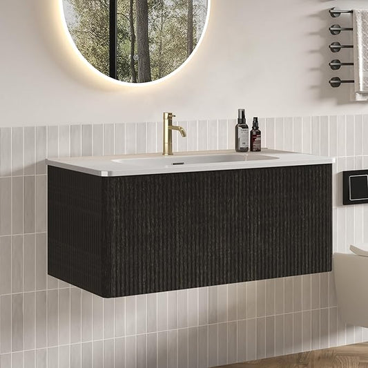 36" Floating Bathroom Vanity with Sink, Modern Wall Mounted Floating Vanity with Ceramic Sink, Push to Open Soft-Close Drawer for Apartment, Hotel, Blackish Brown Oak