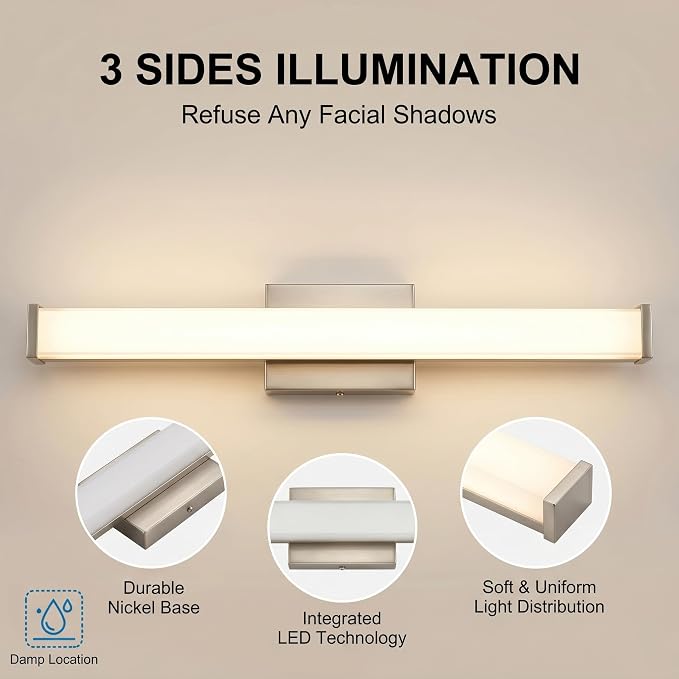 URSOLA 24" Modern LED Bathroom Light Fixtures, Brushed Nickel 3CCT Dimmable Bathroom Vanity Light Over Mirror, Bathroom Vanity Bath Bar Lights with Double Layer Acrylic Shade