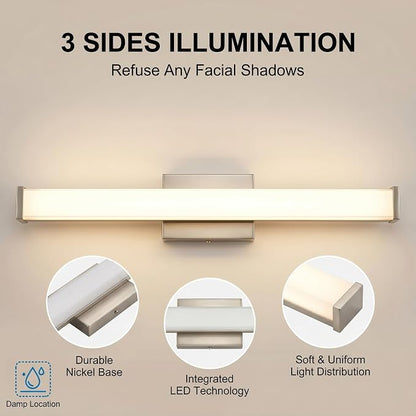 URSOLA 24" Modern LED Bathroom Light Fixtures, Brushed Nickel 3CCT Dimmable Bathroom Vanity Light Over Mirror, Bathroom Vanity Bath Bar Lights with Double Layer Acrylic Shade