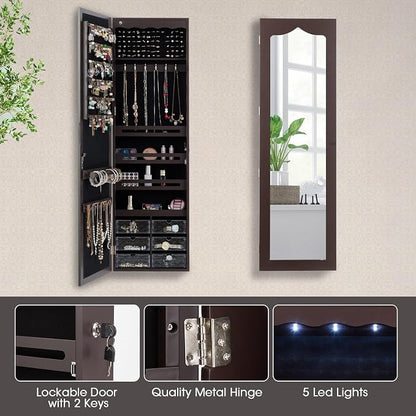 LOKO Lockable Wall-Mounted Mirror Jewelry Cabinet, Tall Jewelry Organizer with 5 LEDs, Large Capacity Jewelry Armoire with Full Length Mirror and 6 Drawers for Women Girls (Brown)