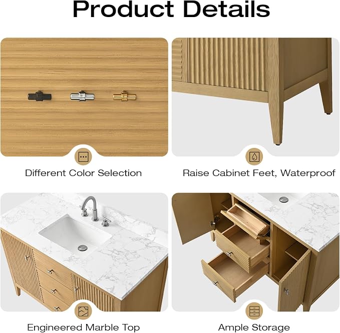 Vanity Art 48 inch Bathroom Vanity with Single Sink & Ceramic Top, Vanity Cabinet with Soft-Closing Door, Solid Wood Frame, Linear Pattern, Natural Oak, Golden Brushed Handware VA9148-NO-GB