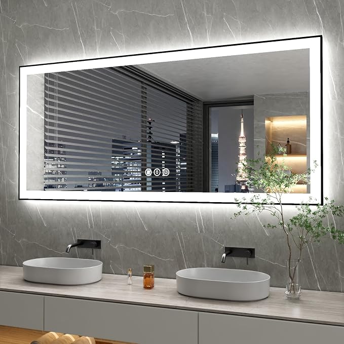60x28 Inch LED Bathroom Mirror with Black Frame | Black Metal Frame, Front and Backlit, 3 Colors, Dimmable, Memory, Anti Fog, Tempered Glass, Lighted Mirror for Wall