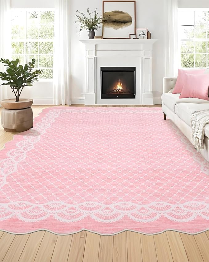 GarveeHome Washable Scalloped Pink Rugs 5x7 Modern Abstract Living Room Rug, Stain-Resistant Scalloped Throw Rug, Soft Faux Wool Rugs for Nursery, Dorm, Girls Bedroom, Pink