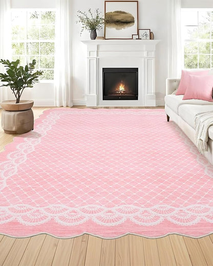 GarveeHome Washable Scalloped Pink Rugs 5x7 Modern Abstract Living Room Rug, Stain-Resistant Scalloped Throw Rug, Soft Faux Wool Rugs for Nursery, Dorm, Girls Bedroom, Pink