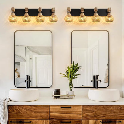 Farmhouse Bathroom Light Fixture, 4-Light Boho Vanity Light, Bamboo Bathroom Light Fixture Over Mirror Rustic Vanity Lighting with Handmade Bamboo Shades, Suit for Restroom, Bedroom, Hallway
