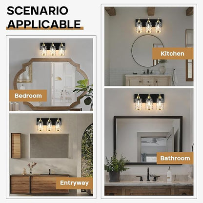 3-Light Bathroom Vanity Light Fixtures, Modern Bathroom Lighting Fixtures Over Mirror with Golden Wave Glass Lampshade, E26 Base Modern Vanity Lighting, Suit for Stairway Bedroom and Hallway