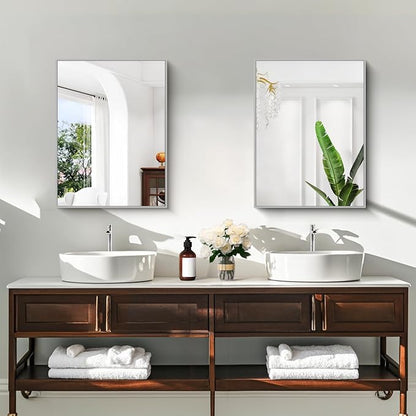 KOCUUY Silver Framed Mirror, 24"x18" Rectangle Bathroom Mirror for Wall, HD Tempered Glass, Anti-Rust Frame, Modern Design for Bathroom, Bedroom, Living Room, Entryway