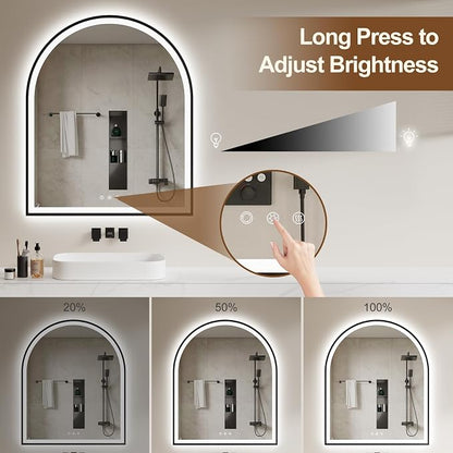 30"x36" Arched LED Lighted Bathroom Mirror with Lights | Black Aluminum Frame, Fogless, Dimmable, Shatterproof, Touch Sensor, 3 Color Changing