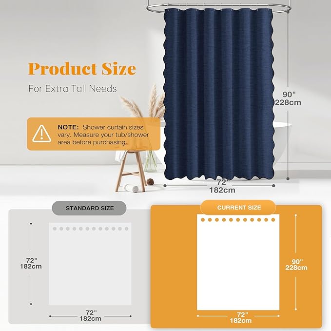 BTTN Extra Long Shower Curtain, 90 Inch Boho Scalloped Linen Textured Heavy Duty Fabric Shower Curtain Set with 12 Hooks, Tall Elegant Rustic Waterproof Shower Curtains for Bathroom, 72x90, Navy Blue