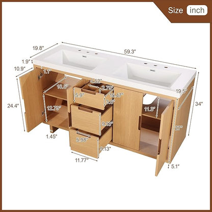 Merax Bathroom Vanity with Sink - 60 Inch Bathroom Vanity Double Sink, Freestanding Cabinet with 4 Doors & 3 Drawers, Space-Saving Storage Cabinet, Handle-Free Design,Nature Wood