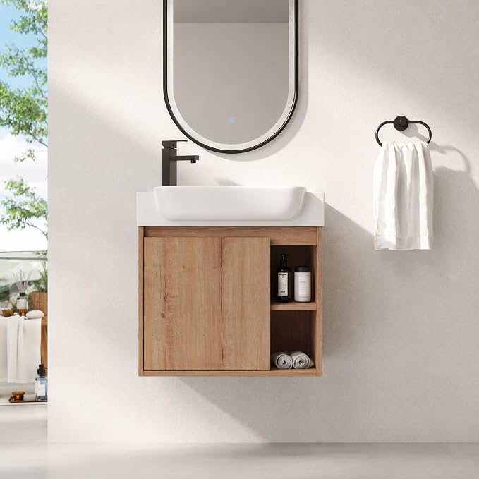 24" Bathroom Vanity with Ceramic Sink, Farmhouse Cabinet, Natural | Curved Sink Ceramic, Soft-Close Door, Interior Compartment and 2-Tier Open Side Shelves, 45° Inclined Edge Handle