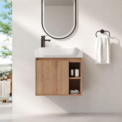 24" Bathroom Vanity with Ceramic Sink, Farmhouse Cabinet, Natural | Curved Sink Ceramic, Soft-Close Door, Interior Compartment and 2-Tier Open Side Shelves, 45° Inclined Edge Handle