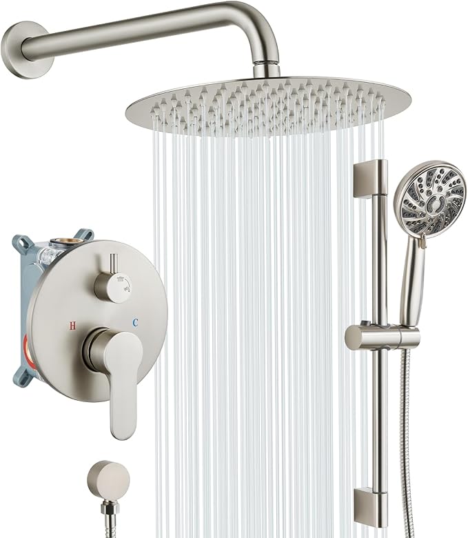gotonovo Slide Bar Shower System Faucet Set Complete,Brushed Nickel,10 Inch | Rain Round Shower Head with 6-Modes Handheld Spray,Valve and Trim Kit Included,Bathroom Wall Mount,All Metal,2-In-1 Diverter
