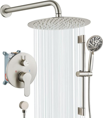 gotonovo Slide Bar Shower System Faucet Set Complete,Brushed Nickel,10 Inch | Rain Round Shower Head with 6-Modes Handheld Spray,Valve and Trim Kit Included,Bathroom Wall Mount,All Metal,2-In-1 Diverter