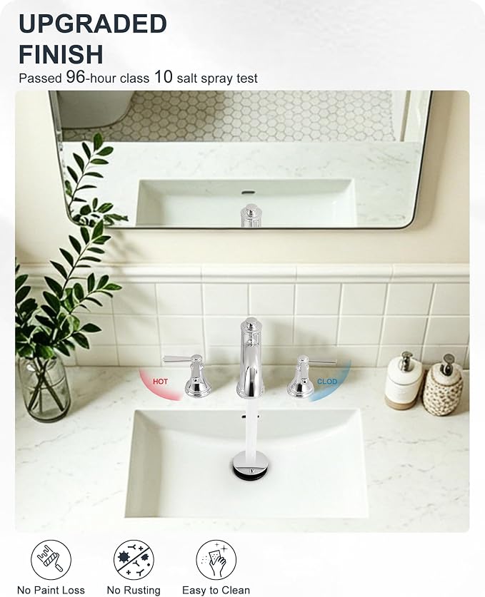 Brass Bathroom Faucets 3 Hole, Chrome Bathroom Faucet 4-16 Inch | Lead-Free, Widespread 2 Handles, Pop-Up Drain, Pre-installed cUPC Supply Hoses, 10 Mins Install, For Vanity Restroom Lavatory