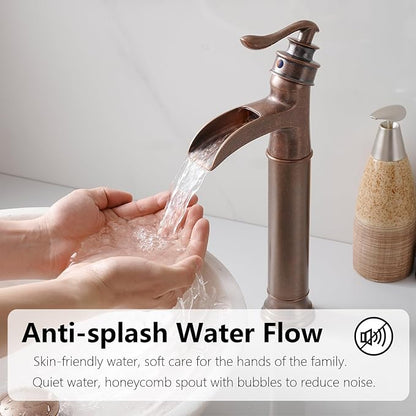 Copper Vessel Sink Faucet Tall Brass Waterfall Faucet for Vessel Sink | Bathroom Faucets Farmhouse Single Hole Single Handle Vanity Lavatory Without Overflow Pop Up Drain for Washroom by BATHLAVISH