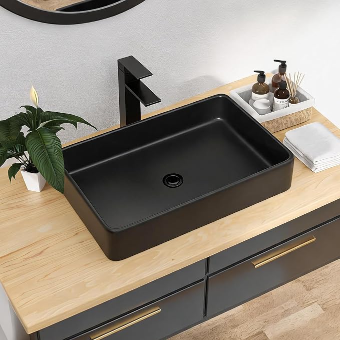 Black Vessel Sink Rectangle- 24"x16" Modern Rectangular Top Counter Bathroom Sink Matte Black Porcelain Ceramic Lavatory Sink Bowl Art Basin