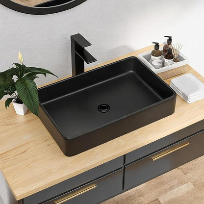 Black Vessel Sink Rectangle- 24"x16" Modern Rectangular Top Counter Bathroom Sink Matte Black Porcelain Ceramic Lavatory Sink Bowl Art Basin