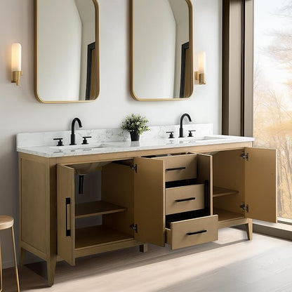 Vanity Art 72 inch Bathroom Vanity with Double Sink & Ceramic Top, Vanity Cabinet with Soft-Closing Doors, Drawers, Solid Wood Frame, Natural Oak, Brushed Nickle Handware