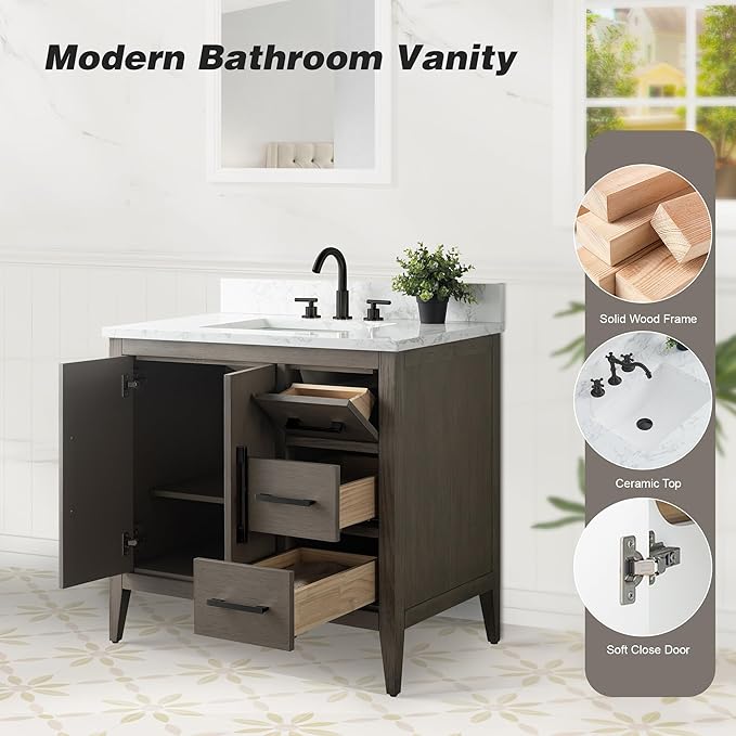 HomeBeyond 36 Inch Bathroom Vanity with Sink & Ceramic Top, Single Vanity Cabinet with Basin, Soft-Closing Doors & Matte Black Hardware, Driftwood Gray