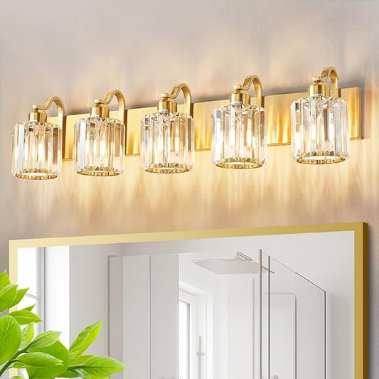 Modern Crystal Bathroom Vanity Light 5 Lights Crooked Gold Vanity Lighting Over Mirror Bathroom Wall Lighting Fixtures with Round Shade (Exclude Bulb)