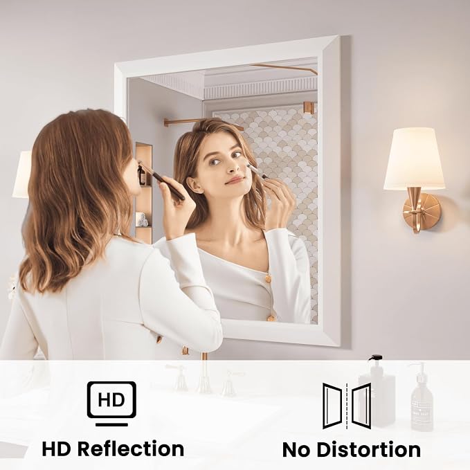 Bathroom Mirror for Wall, 28x32 Inch (White) | HD Reflection, Tempered Glass, Thick Metal Framed Rectangle Mirrors for Over Sink, Vanity, Bedroom, Living Room, Entryway.